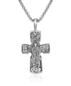 Orthodox Titanium Steel Cross Pendant – 27.7g Heavy Icon Necklace, 30×57mm Vintage Silver