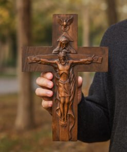 Trinity Wooden Cross Carving – Hand-Carved Christian Wall Crucifix 12–16 inch