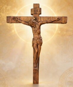 Wooden Crucifix of Jesus – Hand-Carved Christian Wall Cross - 14 Inches