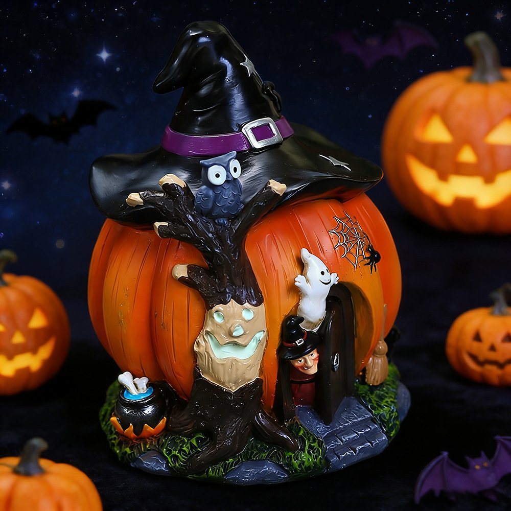 8 Inches Halloween Witch Pumpkin House Resin Decor – Glowing Garden Ornament - 图片 4
