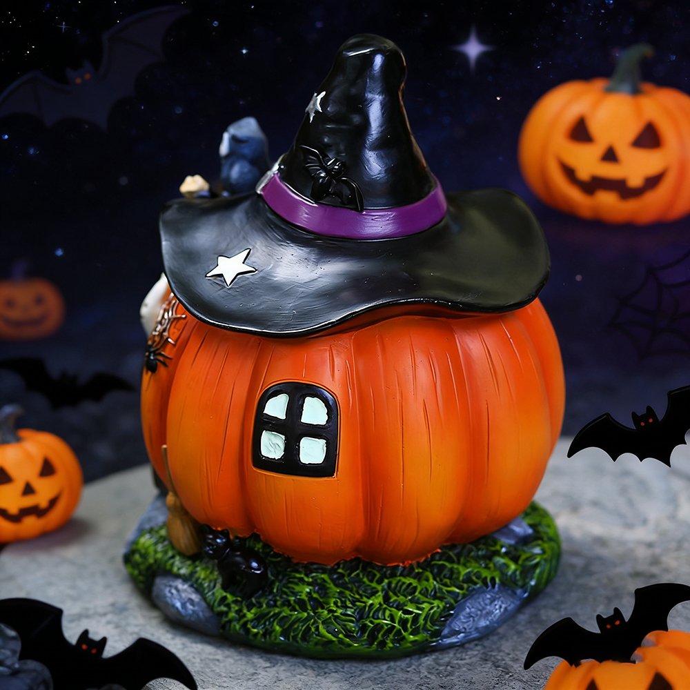 8 Inches Halloween Witch Pumpkin House Resin Decor – Glowing Garden Ornament - 图片 3