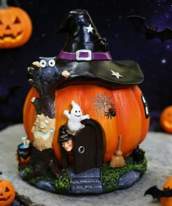 Halloween witch pumpkin house resin decor with glowing details