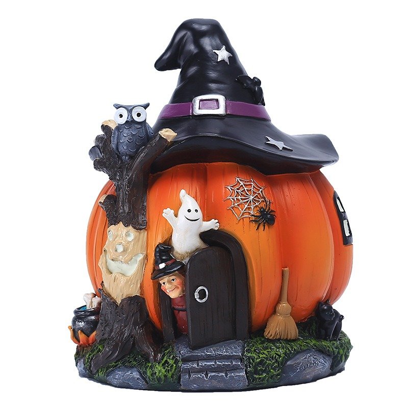 8 Inches Halloween Witch Pumpkin House Resin Decor – Glowing Garden Ornament - 图片 2