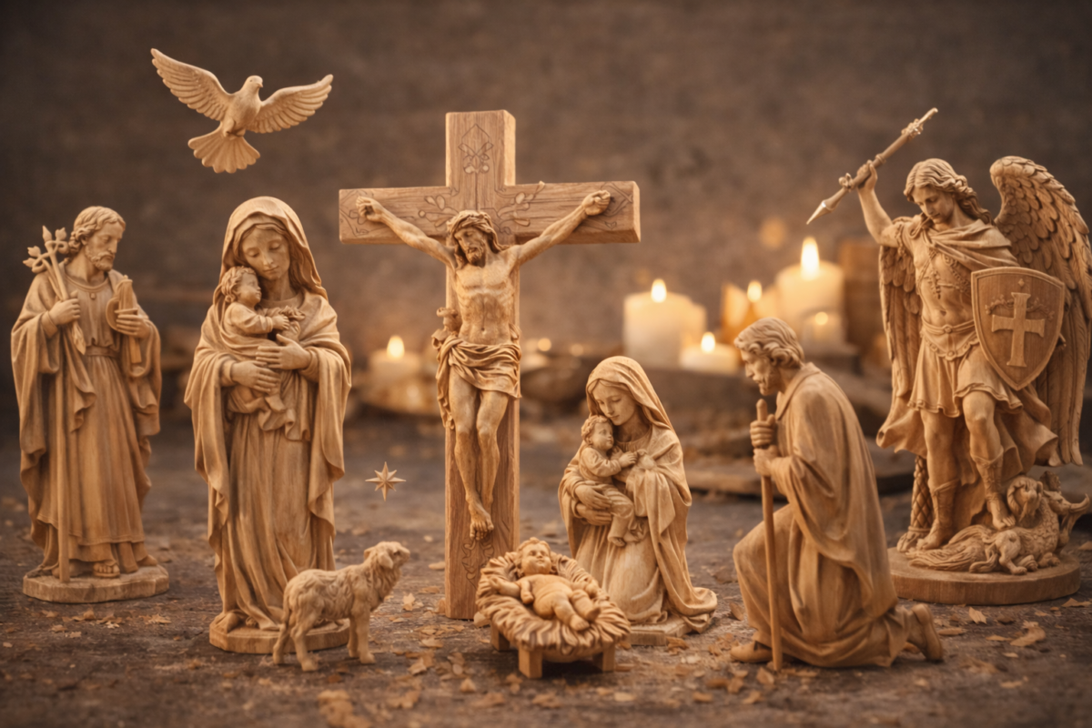 artisan carving Christian wooden icon with soft light — symbolism theme