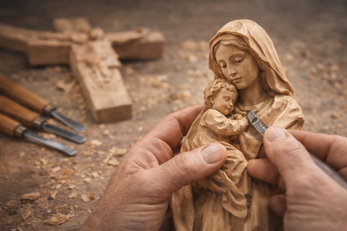 artisan refining fine lines on a wooden Christian carving with precision tools