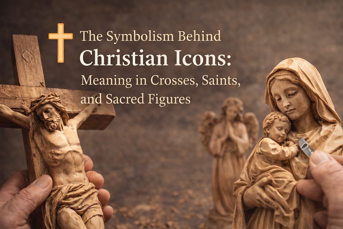 wood carved Christian cross and angel figures — symbolism explanation