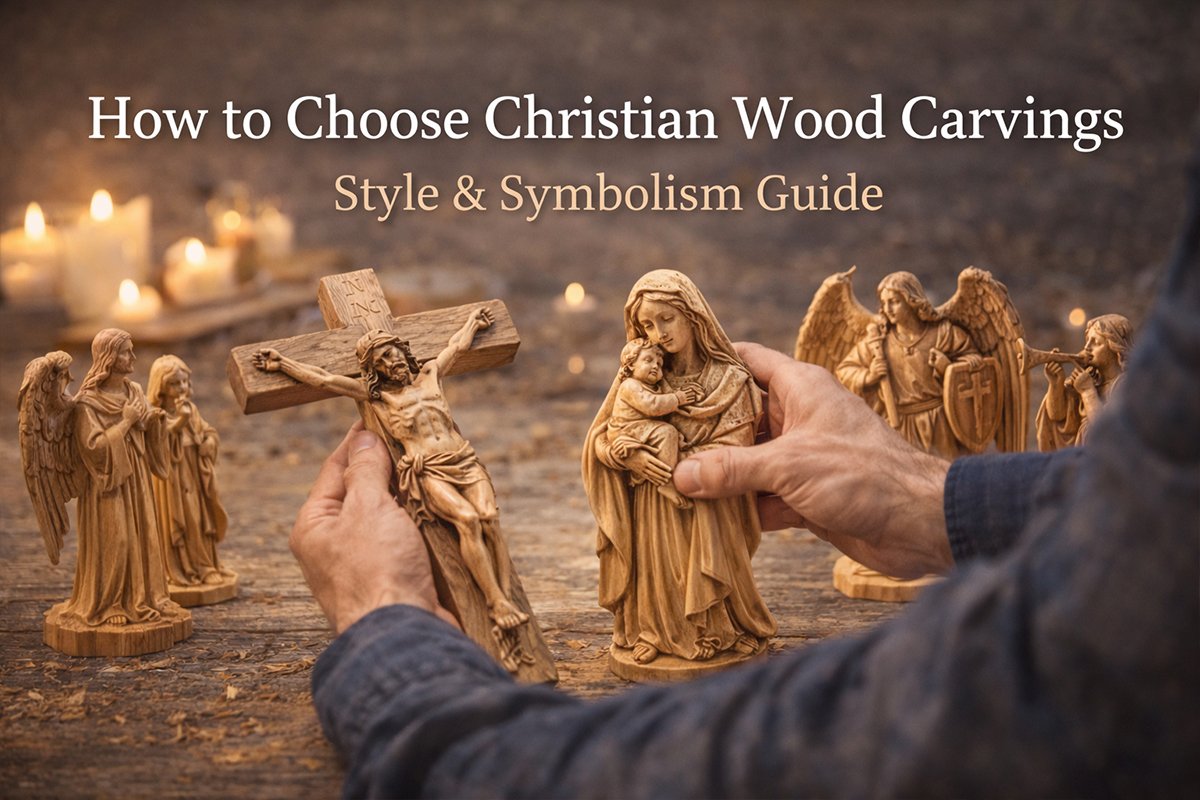 hands comparing different Christian wooden sculptures — choosing the right carving
