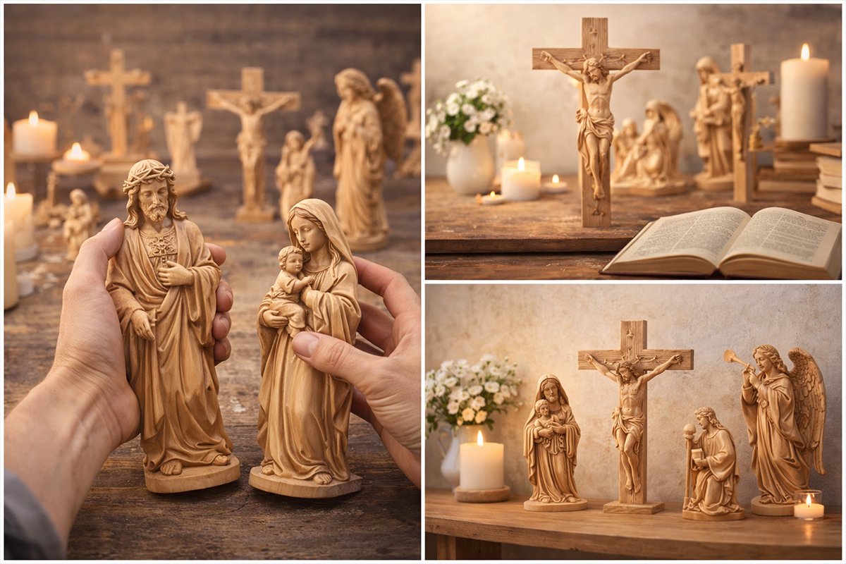 Christian wood carvings displayed in a peaceful home prayer corner — décor inspiration