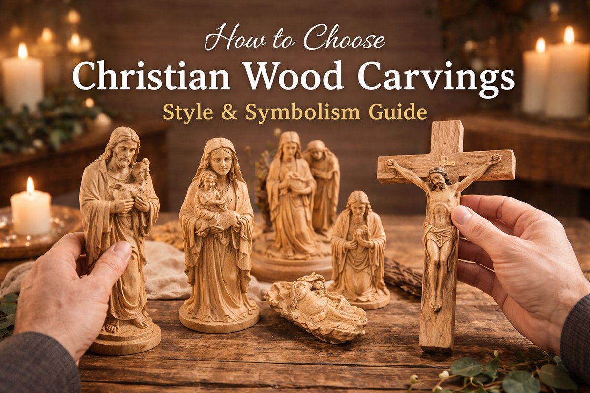 artisan selecting Christian wood carvings on a wooden table — style and symbolism guide