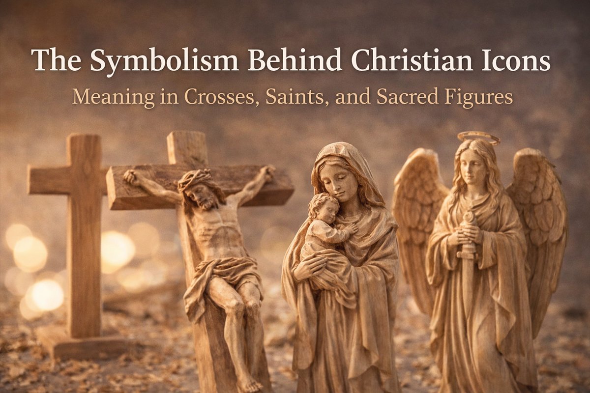 Christian wood-carved figurines with nativity and crucifix symbols